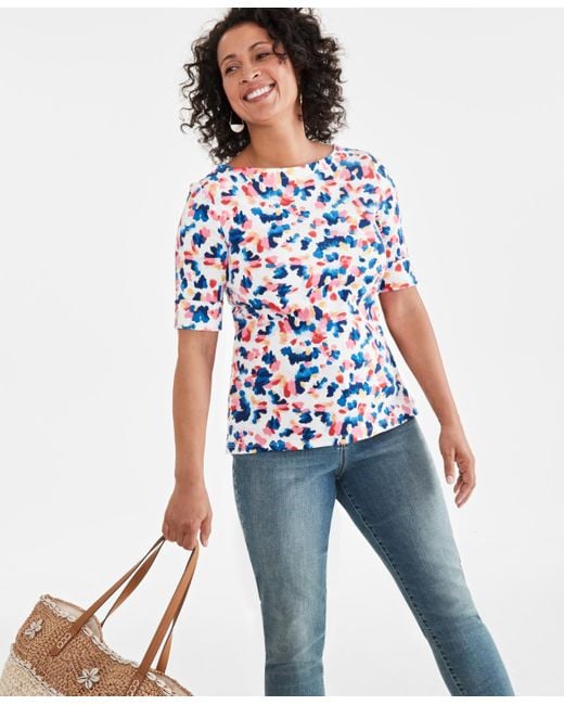 Style & Co. Blue Printed Boat-neck Elbow-sleeve Knit Top