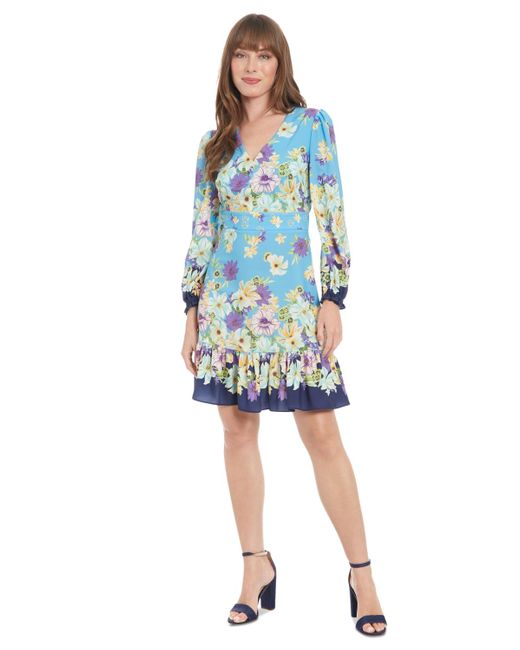 London Times Women's Blue Printed V-neck Long-sleeve Dress