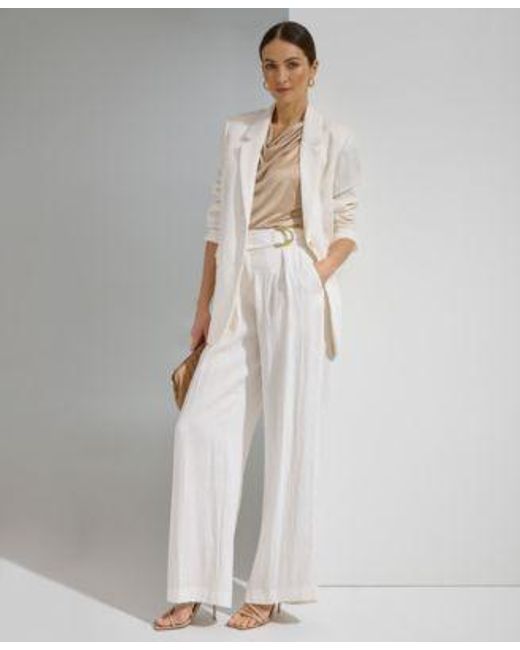 DKNY White Drapey Organza Long Sleeve Blazer Sparkle Sleeveless Top Belted Wide Leg Pants