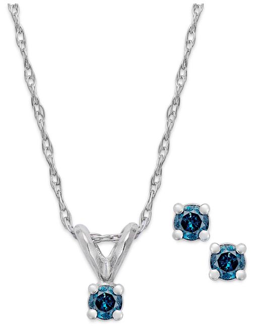 Macy's Metallic 10k White Gold Blue Diamond (1/10 Ct. T.w.) Necklace And Earring Set