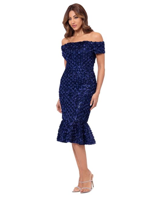 Xscape Blue Off-the-shoulder Lace Fit & Flare Dress