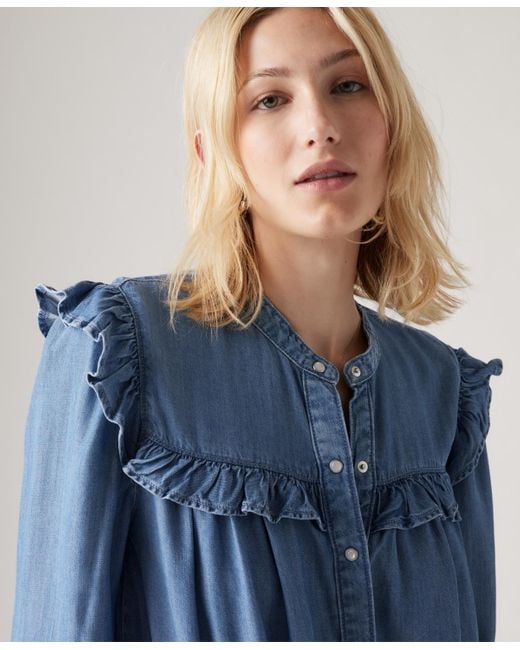 Levi's Blue Gianna Long Sleeve Ruffle Trim Blouse