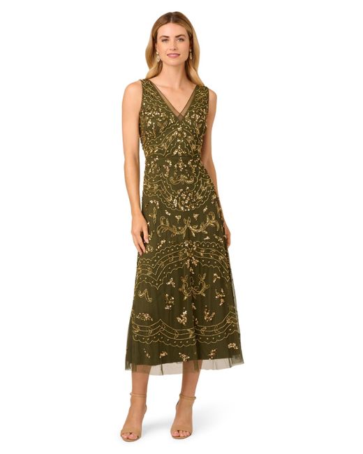 Adrianna Papell Petite Beaded Sleeveless Dress in Green | Lyst
