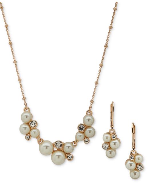 Anne Klein Metallic Gold-tone Imitation Pearl Cluster Drop Earrings & Frontal Necklace Set