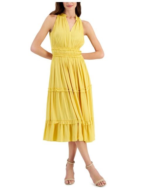Tahari Yellow Sleeveless Tiered Midi Dress