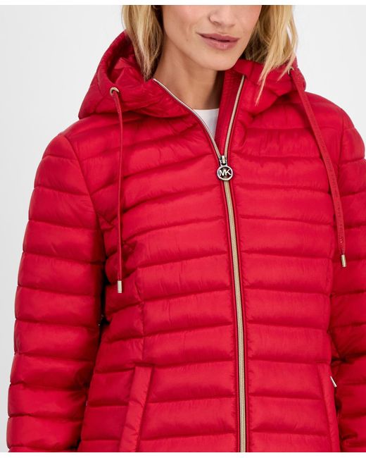 Michael Kors Red Michael Packable Hooded Puffer Coat