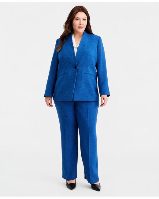Kasper Blue Plus Size Collarless One-button Blazer