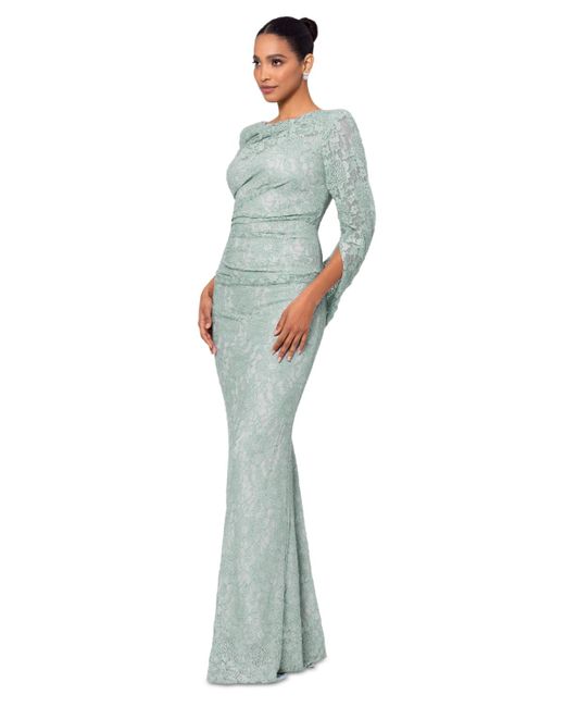 Betsy & Adam Blue Betsy Adam Lace Cape-sleeve Gown