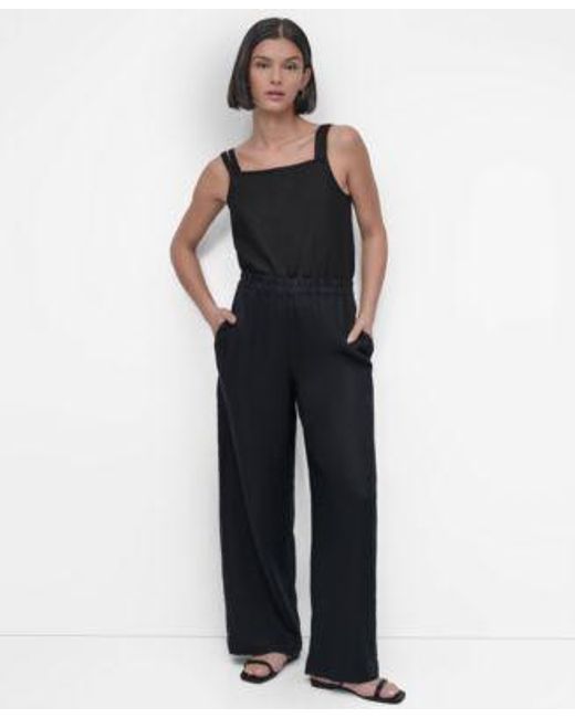 DKNY Blue Linen Tie Strap Tank Top Wide Leg Pull On Pants