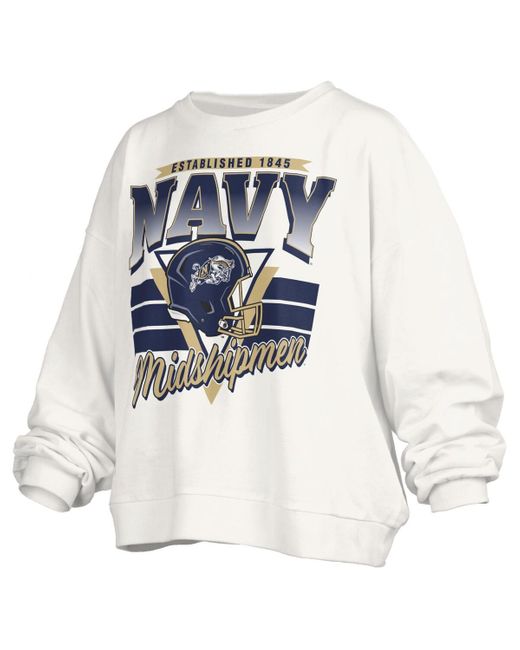 Pressbox White Navy Midshipmen Oversized Janice Retro Waist-length Pullover Sweatshirt