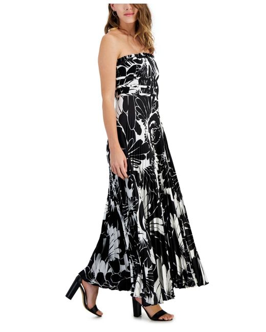 Taylor Black Strapless Pleated Satin Gown