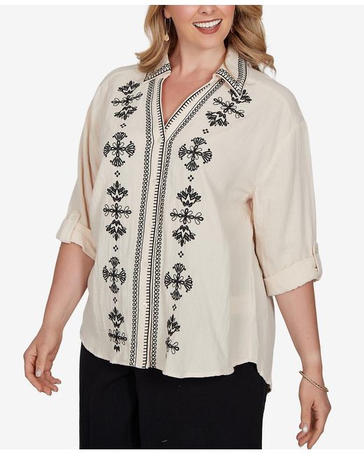 Ruby Rd Natural Plus Size Embroidered Gauze Button Front Top
