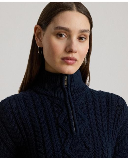 Ralph Lauren Blue Aran-knit Cotton Quarter-zip Pullover