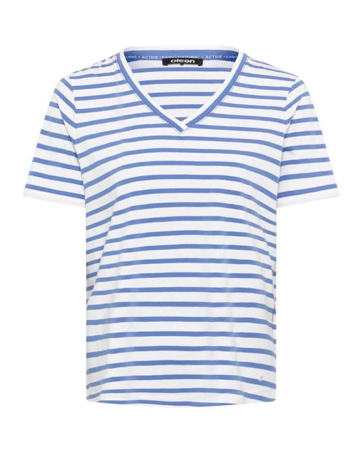 Olsen Blue Cotton Blend Short Sleeve Striped V-neck T-shirt