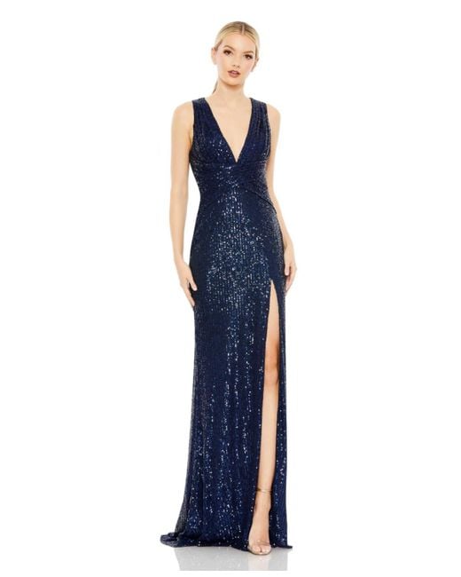 Mac Duggal Blue Ieena V-neck Sequin Wrap Waist Gown