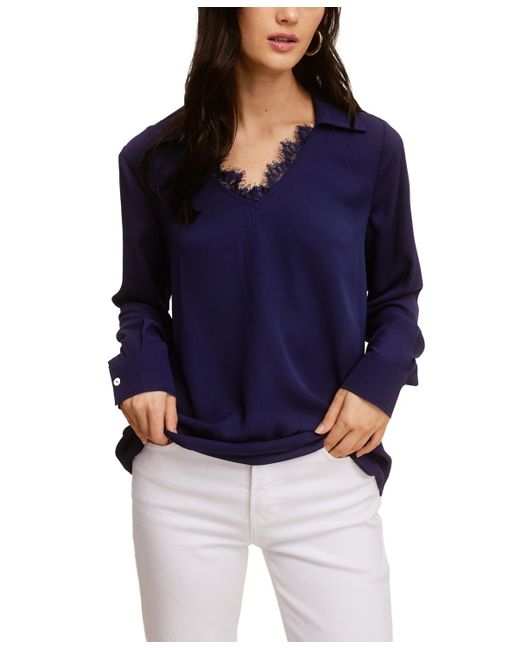 Fever Blue Solid Soft Crepe Top W/ Collar Lace