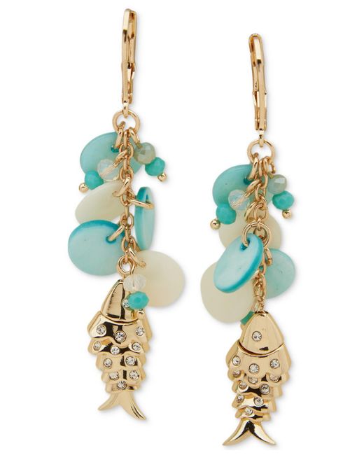 Lonna & Lilly Blue Gold-tone Mixed Bead & Disc Pave Sea-motif Charm Linear Drop Earrings