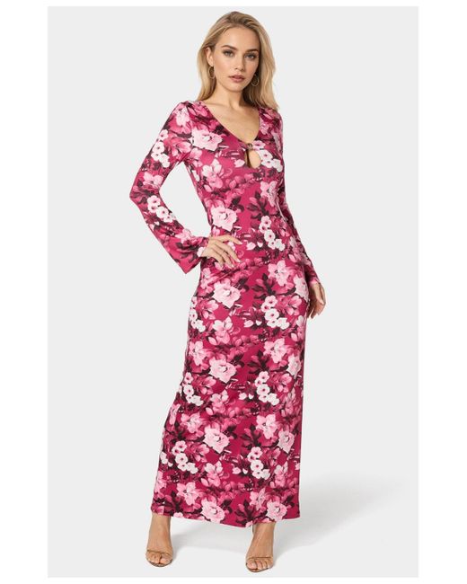 Bebe Long Sleeve Keyhole Maxi Dress in Red | Lyst