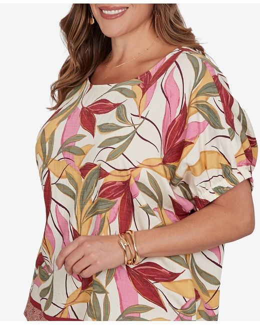 Ruby Rd Plus Size Textured Leaf Print Short-sleeve Top