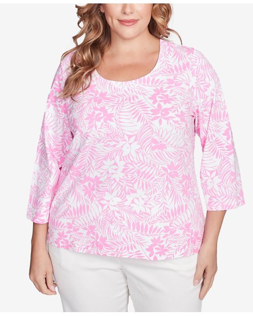 hearts of palm Pink Plus Size Printed Essentials 3/4 Sleeve Top