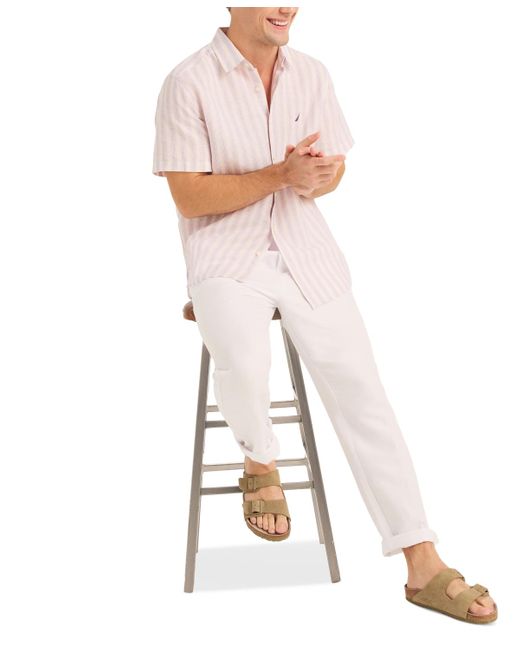 Nautica White Miami Vice X Striped Short Sleeve Linen Blend Shirt for men