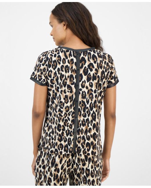 Anne Klein Black Petite Back-button Animal-print Top