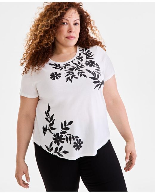 Style & Co. White Plus Size Printed Crewneck Tee
