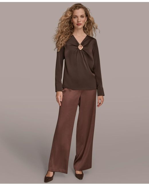 Donna Karan Brown V-neck Embellished Top