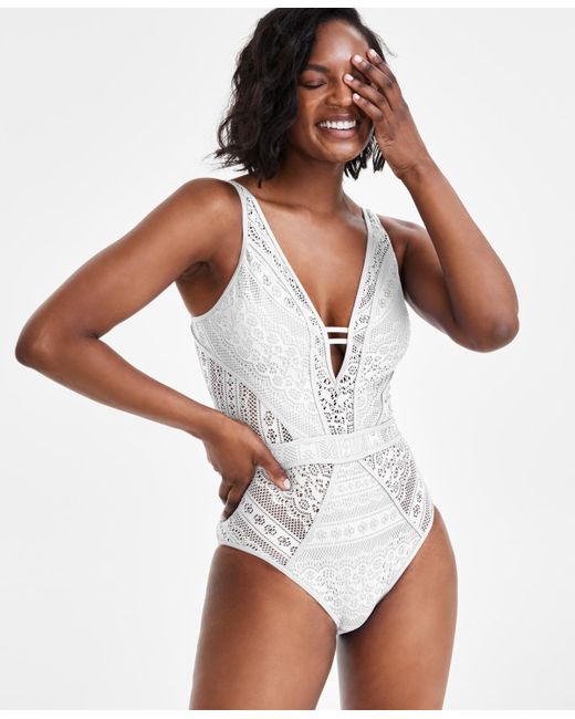 Becca White Crochet Plunging One-piece Keyhole Swimsuit