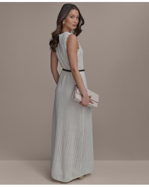 【Donna Karan New York】Pointelle Knit Belted Dress Donna Karan Pointelle Knit Belted Dress in Natural | Lyst