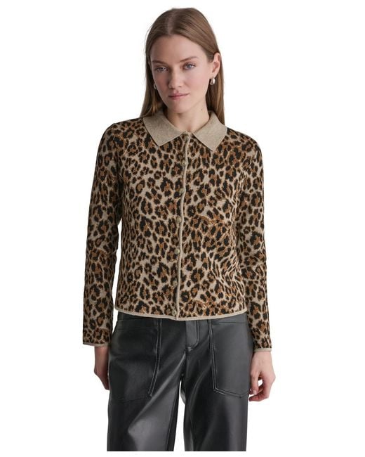 BCBGMAXAZRIA Brown Leopard-print Button-front Fitted Cardigan