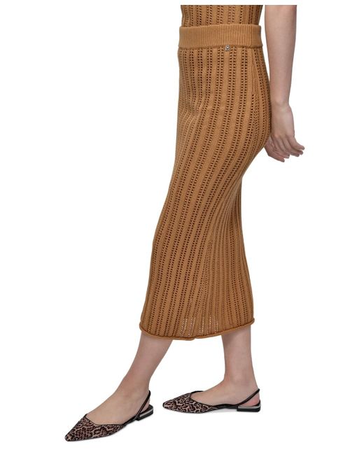 DKNY Natural Crewneck Cable Pointelle Stitch Sleeveless Sweater Midi Skirt