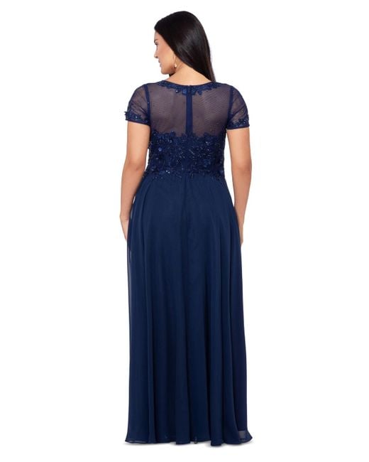 Xscape Blue Plus Size Beaded Chiffon Gown
