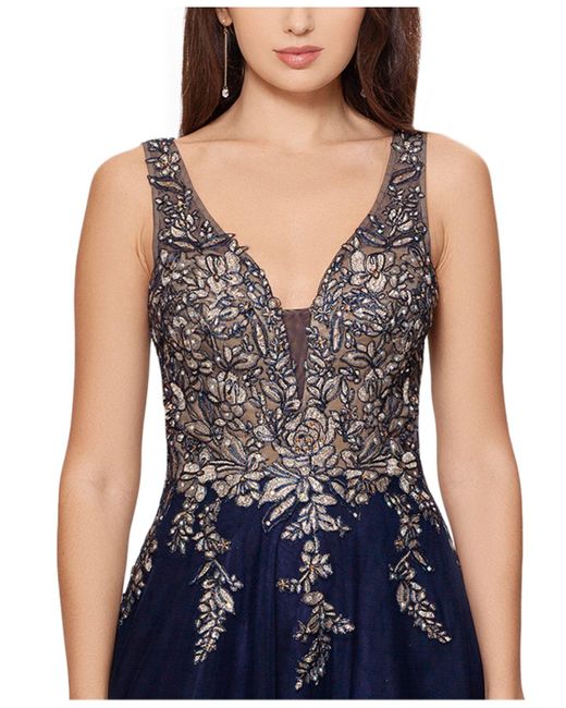 xscape embroidered sleeveless ballgown