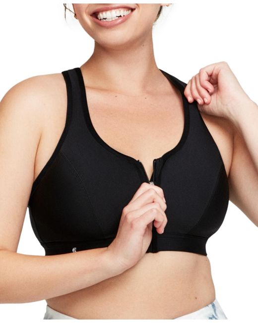 Glamorise Black Plus Size Full Figure Zip Up Front Closure Sports Wirefree Bra 9266