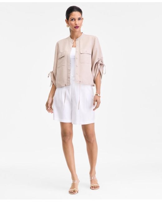 INC International Concepts White Tie-sleeve Chambray Tie-waist Blouse