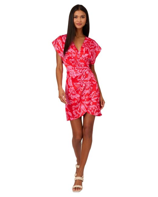 Adrianna Papell Red Floral-print Faux-wrap Dress