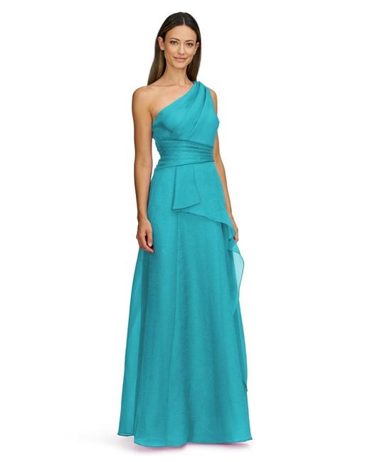 JS Collections Blue Seraphina Organza One-shoulder Evening Gown