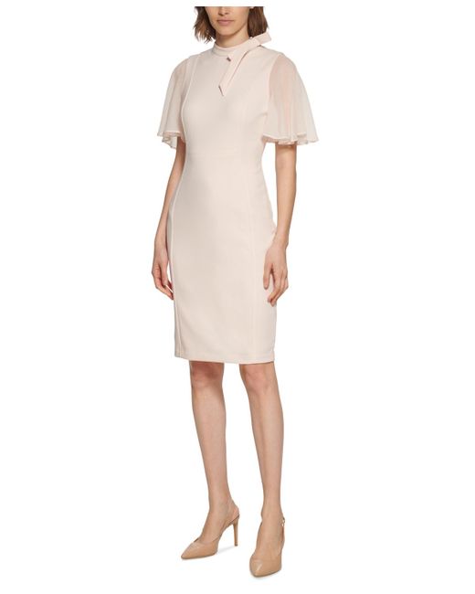 Calvin Klein Natural Petite Chiffon Flutter-sleeve Sheath Dress