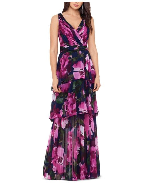 Xscape Purple Floral-print Tiered Gown