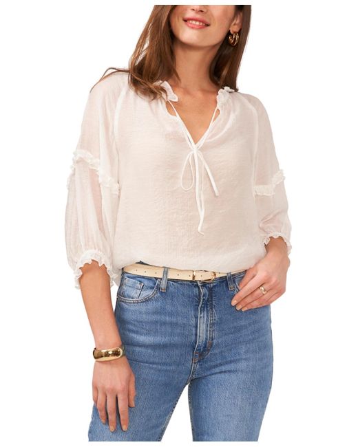 Vince Camuto White Ruffled-sleeve Tie-neck Top