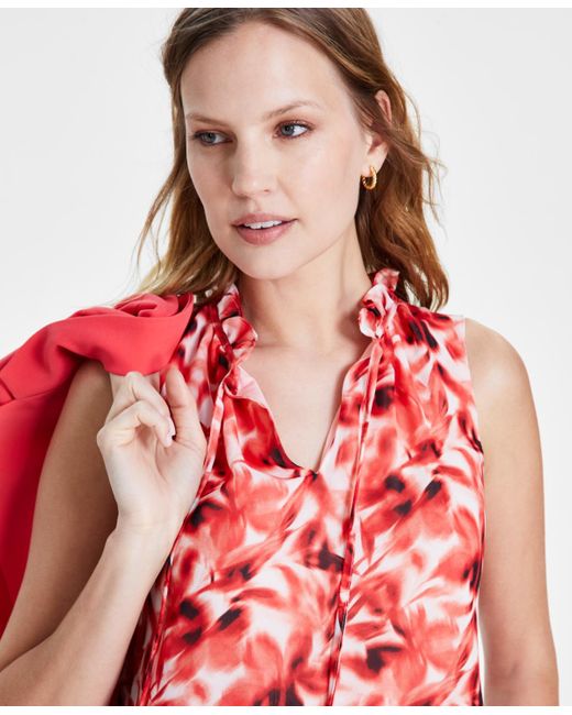 Anne Klein Red Ruffled Tie-neck Floral-print Top