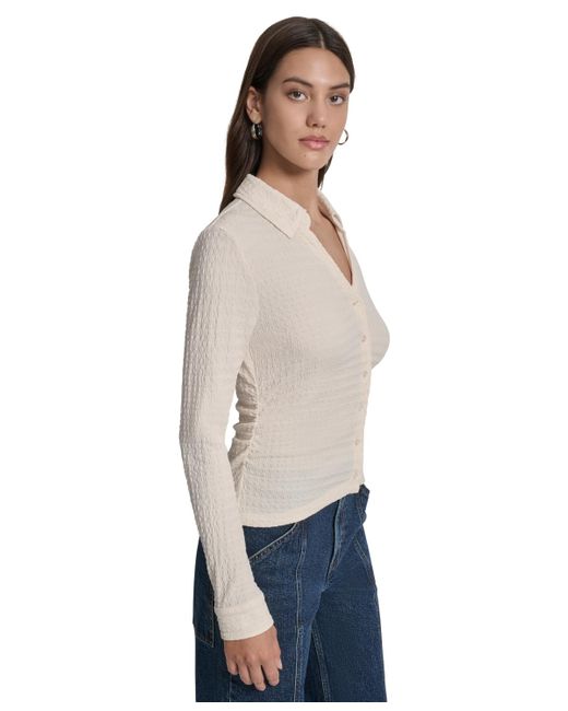 DKNY Natural Textured Collared Button-front Top