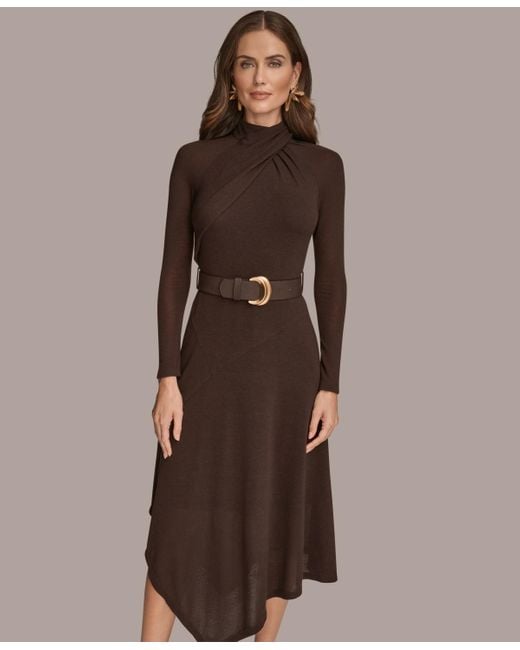 Donna Karan Twist Front Belted Sweater Dress in Brown | Lyst