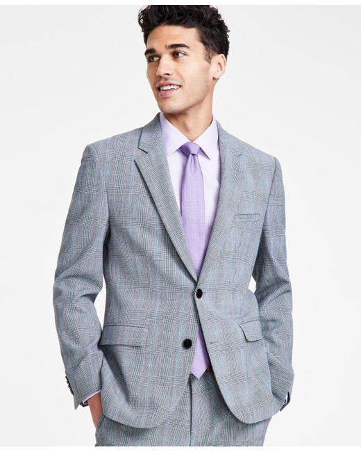 Boss Blue Slim Fit Gray Plaid Superflex Suit Jacket for men