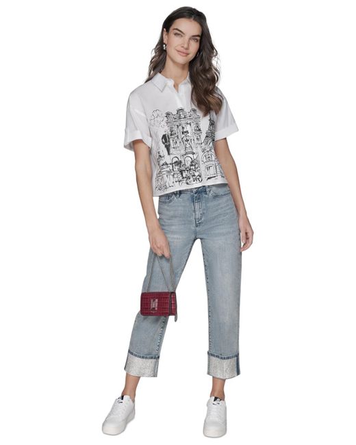 Karl Lagerfeld White Cotton Crop Paris Scene Button-front Top