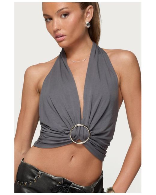 Edikted Gray Nessie Metal Ring Backless Halter Top