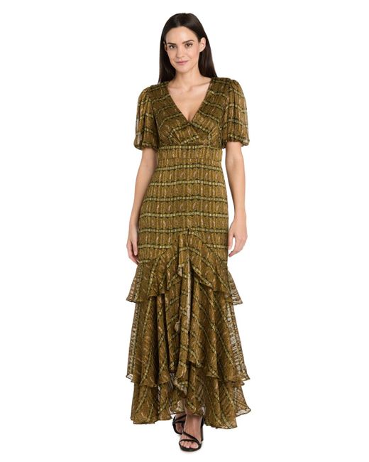 R & M Richards Satin Metallic Stripe Puff-sleeve Dress in Green | Lyst