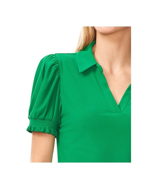 Cece Green Collared Split-neck Short-sleeve Knit Top