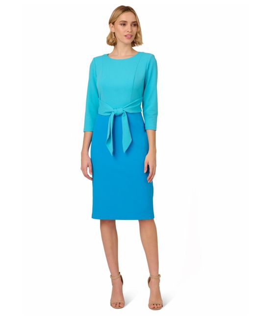 Adrianna Papell Blue Colorblocked Tie-waist Midi Dress